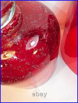 Vintage Ruby Red Seed Bubble Large Hurricane Candle Holders