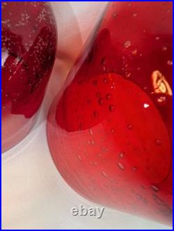 Vintage Ruby Red Seed Bubble Large Hurricane Candle Holders
