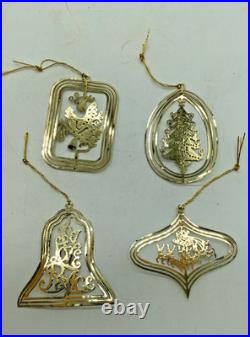 Vintage Set of 4 Christmas Fantasy Gold Plated Brass Ornaments Tree Sleigh Joy