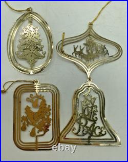 Vintage Set of 4 Christmas Fantasy Gold Plated Brass Ornaments Tree Sleigh Joy