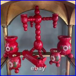 Vintage Swedish 4 Arm Candelabra Wood Red Mid Century Sweden Folk Art set 6