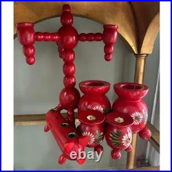 Vintage Swedish 4 Arm Candelabra Wood Red Mid Century Sweden Folk Art set 6