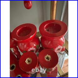 Vintage Swedish 4 Arm Candelabra Wood Red Mid Century Sweden Folk Art set 6