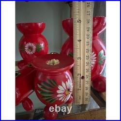 Vintage Swedish 4 Arm Candelabra Wood Red Mid Century Sweden Folk Art set 6