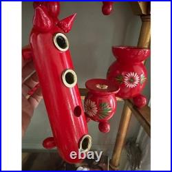 Vintage Swedish 4 Arm Candelabra Wood Red Mid Century Sweden Folk Art set 6