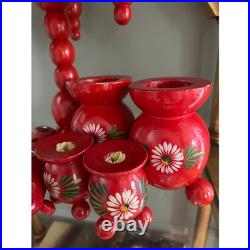 Vintage Swedish 4 Arm Candelabra Wood Red Mid Century Sweden Folk Art set 6