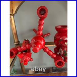 Vintage Swedish 4 Arm Candelabra Wood Red Mid Century Sweden Folk Art set 6