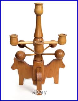 Vintage Swedish Wood Horse Handcraft Scandinavian Candelabra Folk Art