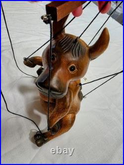 Vintage Wooden Bull Marionette Puppet 1950s 60s Hand Carved Folk Art