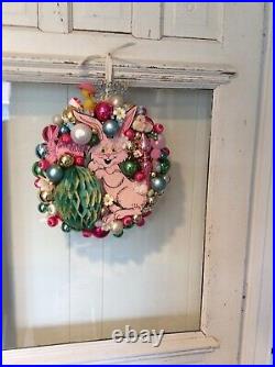 Vintage kitschy beistle bunny chenille chick Easter wreath