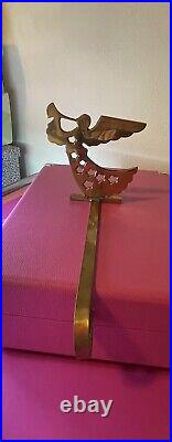 Vintage solid brass angel stocking holders stars playing horn, Christmas decor