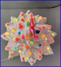 Vtg Atlantic Mold Ceramic 18 White Pearl Flocked Christmas Tree & Base Musical