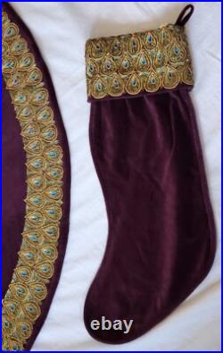Vtg Bombay Co Purple Velvet Gold Peacock Feathers Christmas Tree Skirt &Stocking