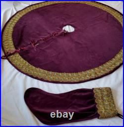 Vtg Bombay Co Purple Velvet Gold Peacock Feathers Christmas Tree Skirt &Stocking