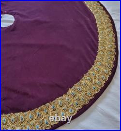 Vtg Bombay Co Purple Velvet Gold Peacock Feathers Christmas Tree Skirt &Stocking