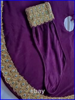 Vtg Bombay Co Purple Velvet Gold Peacock Feathers Christmas Tree Skirt &Stocking