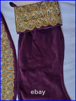 Vtg Bombay Co Purple Velvet Gold Peacock Feathers Christmas Tree Skirt &Stocking