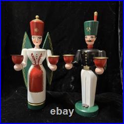 Vtg German Angel & Soilder Wood Candle Holders Schalling Holzkunst Seiffen 9.5