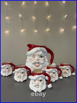 Vtg MCM Winking Santa Claus Ceramic Pitcher And 5 Mugschristmas Collectible