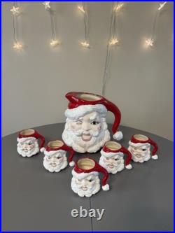 Vtg MCM Winking Santa Claus Ceramic Pitcher And 5 Mugschristmas Collectible
