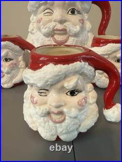 Vtg MCM Winking Santa Claus Ceramic Pitcher And 5 Mugschristmas Collectible