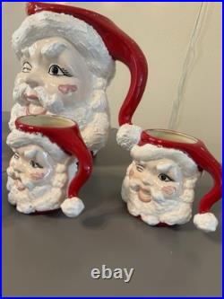Vtg MCM Winking Santa Claus Ceramic Pitcher And 5 Mugschristmas Collectible