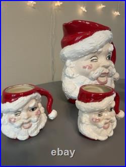 Vtg MCM Winking Santa Claus Ceramic Pitcher And 5 Mugschristmas Collectible