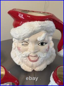 Vtg MCM Winking Santa Claus Ceramic Pitcher And 5 Mugschristmas Collectible