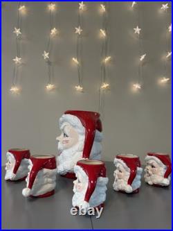 Vtg MCM Winking Santa Claus Ceramic Pitcher And 5 Mugschristmas Collectible