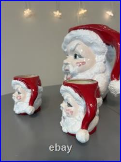 Vtg MCM Winking Santa Claus Ceramic Pitcher And 5 Mugschristmas Collectible