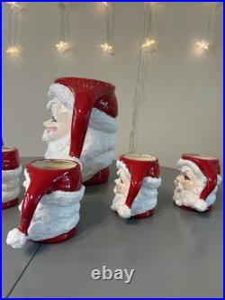 Vtg MCM Winking Santa Claus Ceramic Pitcher And 5 Mugschristmas Collectible