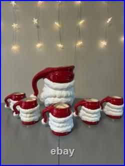 Vtg MCM Winking Santa Claus Ceramic Pitcher And 5 Mugschristmas Collectible