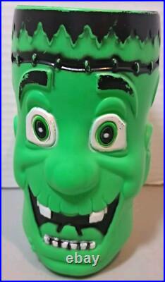 Vtg Plastic Blow Mold Frankenstein Cup Halloween Monster Mug Green
