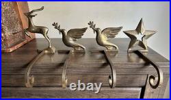 Vtg Set Of 4 Brass Hooks Holders Mantel Hook Star Reindeer Bird Dove Celestial