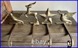 Vtg Set Of 4 Brass Hooks Holders Mantel Hook Star Reindeer Bird Dove Celestial