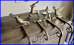 Vtg Set Of 4 Brass Hooks Holders Mantel Hook Star Reindeer Bird Dove Celestial
