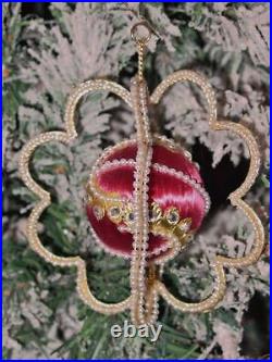 Vtg Zimonick Christmas Ornament Burgundy Satin Swarovski DOUBLE RING SATELLITE