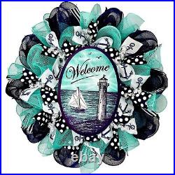 Welcome Lighthouse With Sailboat Coastal Wreath Handmade Deco Mesh