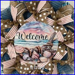 Welcome Seashell Handmade Deco Mesh Coastal Wreath