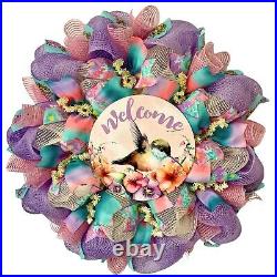 Welcome Spring or Summer Wreath with Pastel Bird