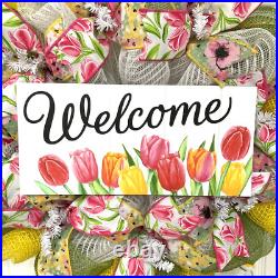 Welcome Tulips Spring Wreath Handmade Deco Mesh