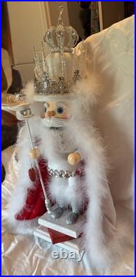 White Silver Red King Nutcracker with Crown Glitter Christmas Decor 26 in
