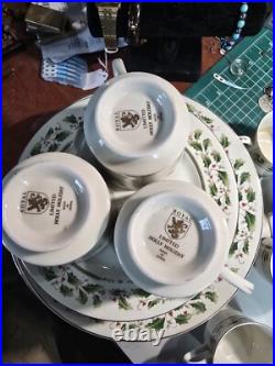 Whole Set Of Vintage Royal Limited Holly Holiday Christmas Plates, Cups, Bowls