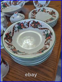 William James Stoneware 34 Piece Christmas Holiday Plaid Ribbon Fruit Dinnerware
