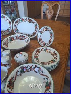 William James Stoneware 34 Piece Christmas Holiday Plaid Ribbon Fruit Dinnerware