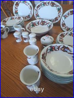 William James Stoneware 34 Piece Christmas Holiday Plaid Ribbon Fruit Dinnerware
