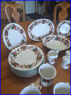 William James Stoneware 34 Piece Christmas Holiday Plaid Ribbon Fruit Dinnerware