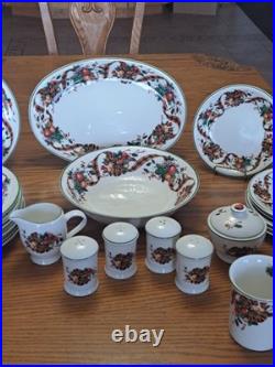 William James Stoneware 34 Piece Christmas Holiday Plaid Ribbon Fruit Dinnerware