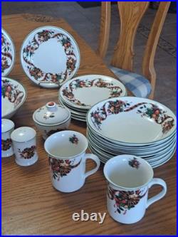 William James Stoneware 34 Piece Christmas Holiday Plaid Ribbon Fruit Dinnerware