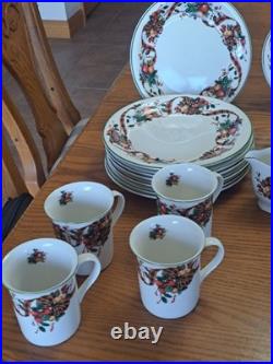William James Stoneware 34 Piece Christmas Holiday Plaid Ribbon Fruit Dinnerware